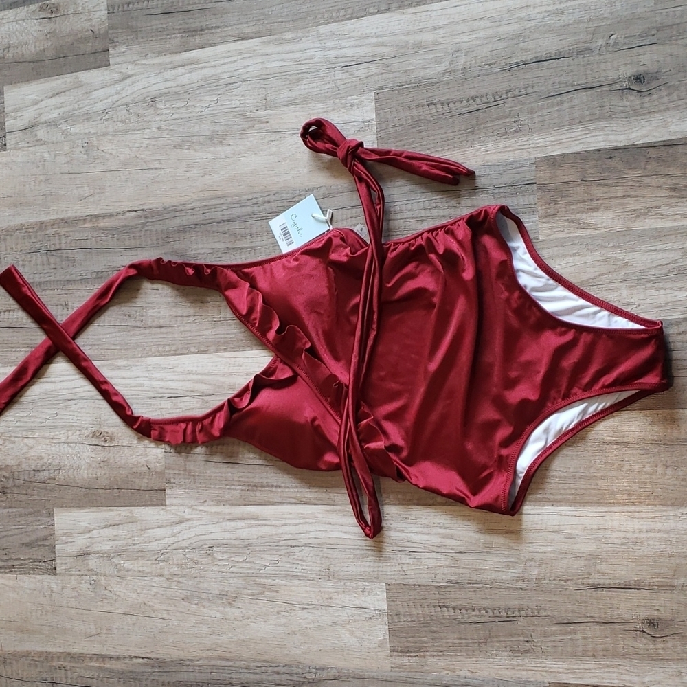 LADIES NWT CUPSHE RUFFLED ONE PIECE SWIMSUIT WITH TIE BELT SZ SMALL - Picture 4 of 15